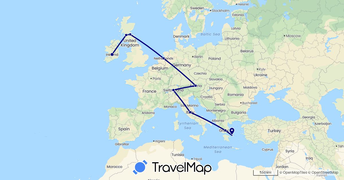 TravelMap itinerary: driving in Austria, Switzerland, United Kingdom, Greece, Ireland, Italy, Netherlands (Europe)